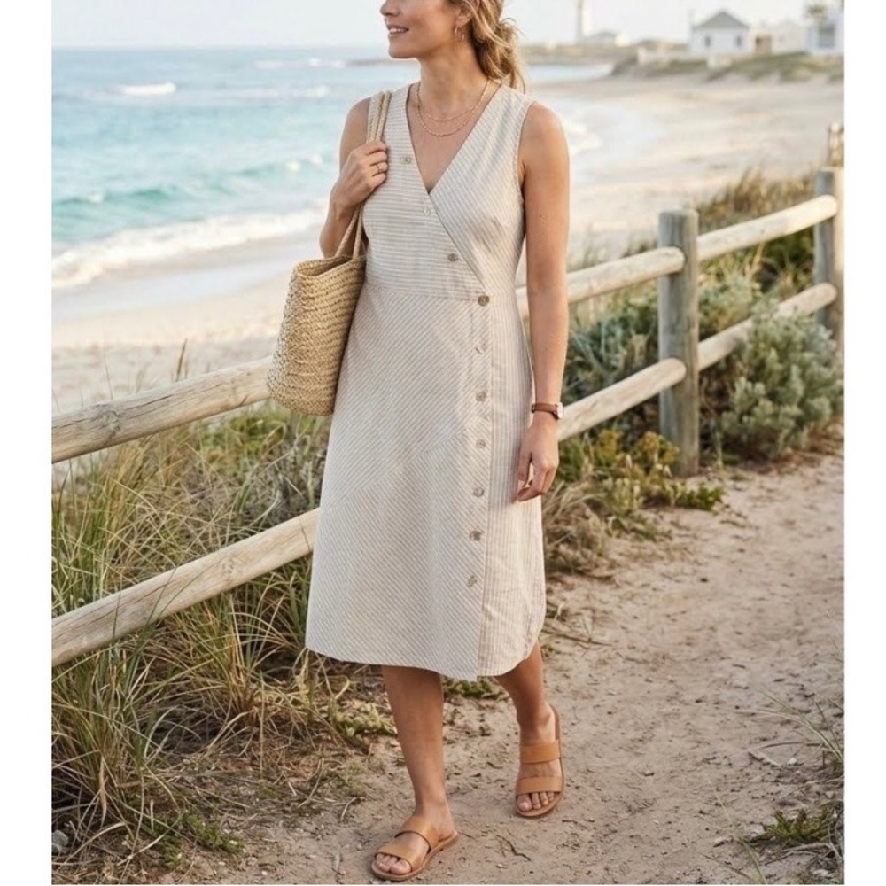 Soft Surroundings Beige Chasia Button Front Sleeveless Midi Dress - Picture 1 of 7